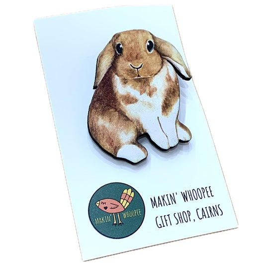 MAKIN' WHOOPEE BROOCH - Lop Earred Easter Bunny - Printed Timber Brooch