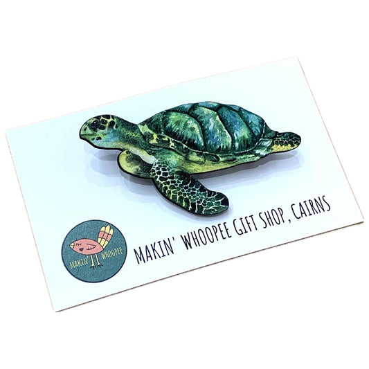MAKIN' WHOOPEE BROOCH - Green Sea Turtle  - Printed Timber Brooch