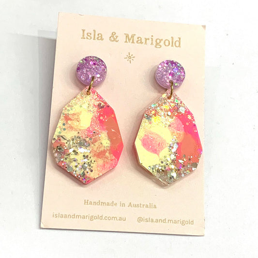 Isla & Marigold- Neon Pink Orange Glitter Resin Stud Dangle Earrings