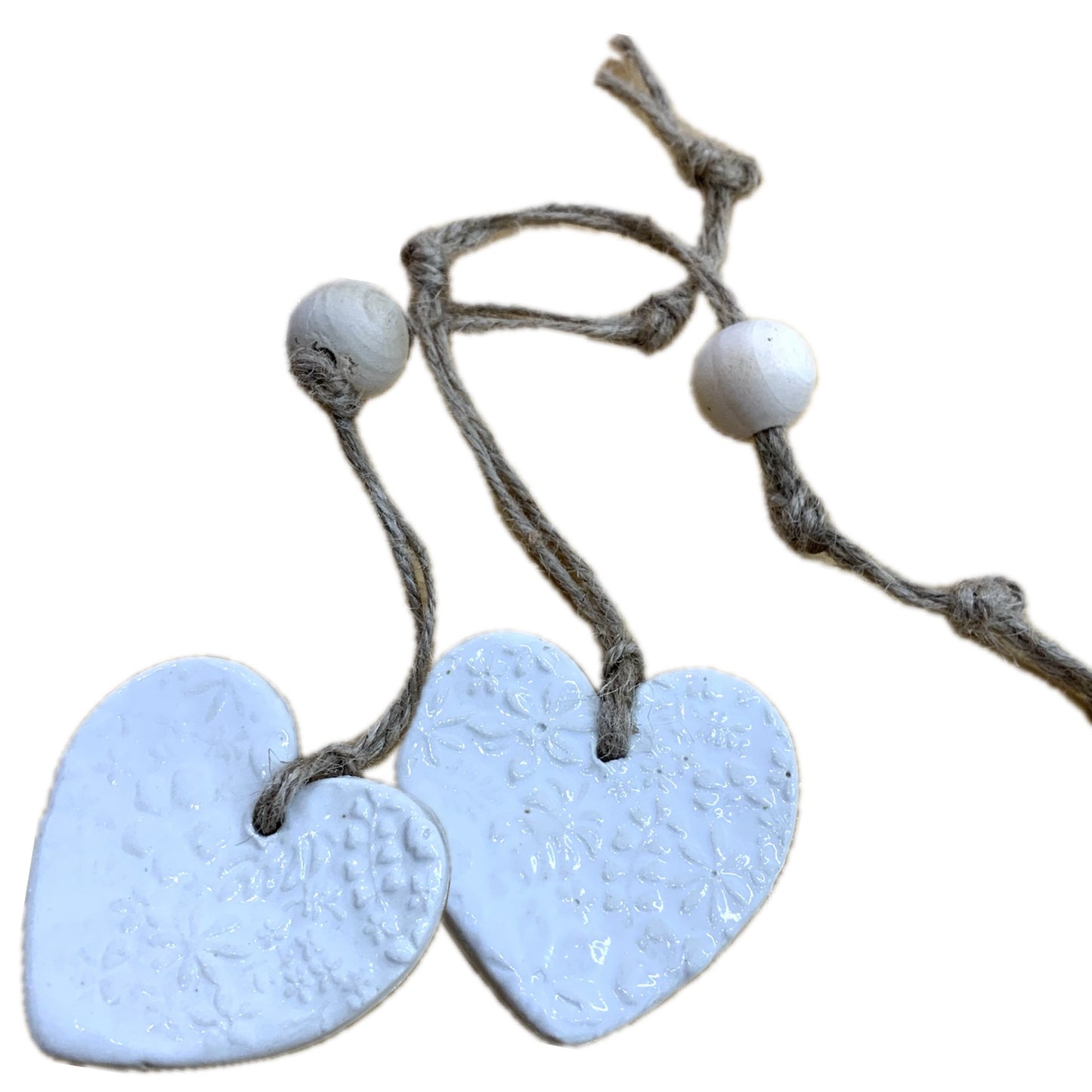 EARTH BY HAND- Clay Heart Decorations- White Embossed & Single Bead