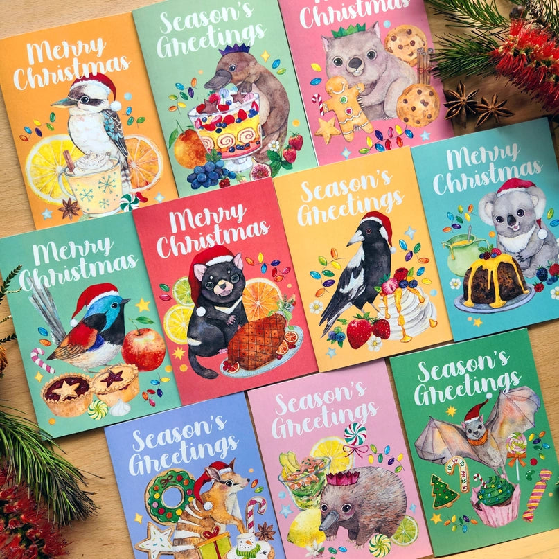 WATERCOLOURS BY CAT- AUSSIE ANIMAL & FOOD CHRISTMAS CARDS- Echidna & Prawn Cocktail