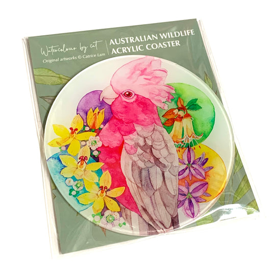 WATERCOLOURS BY CAT- Galah- Australian Bird Art Coaster