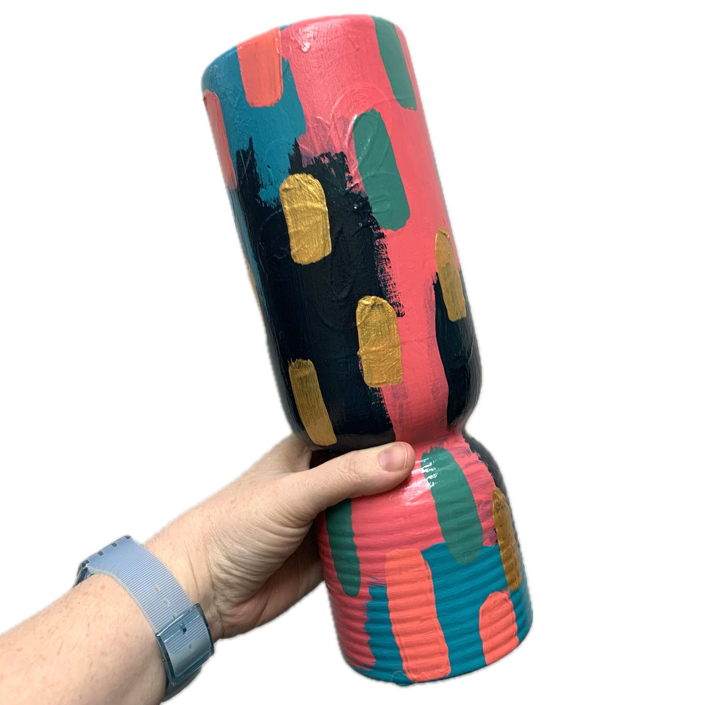 THIS BIRD HAS FLOWN - Large Cylinder Vase- Abstract Pinks, Greens & Gold