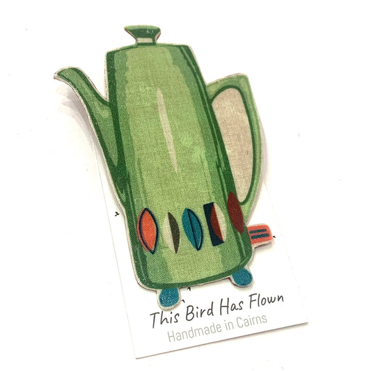 THIS BIRD HAS FLOWN- Fabric Remnant Brooches- Retro Green Coffee Pot