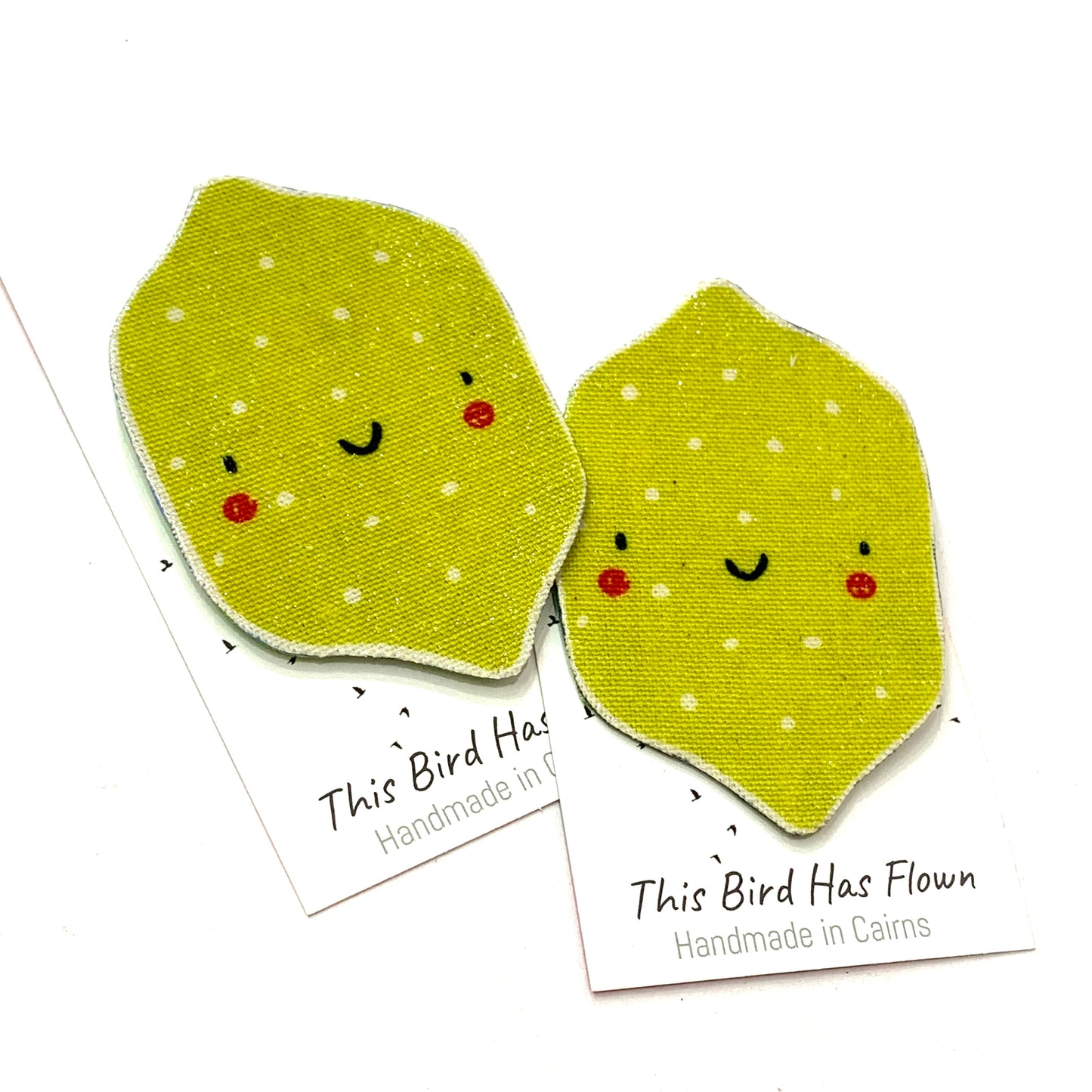 THIS BIRD HAS FLOWN - "Upright Lemons" Cute Fruits- Fabric Remnant Brooches