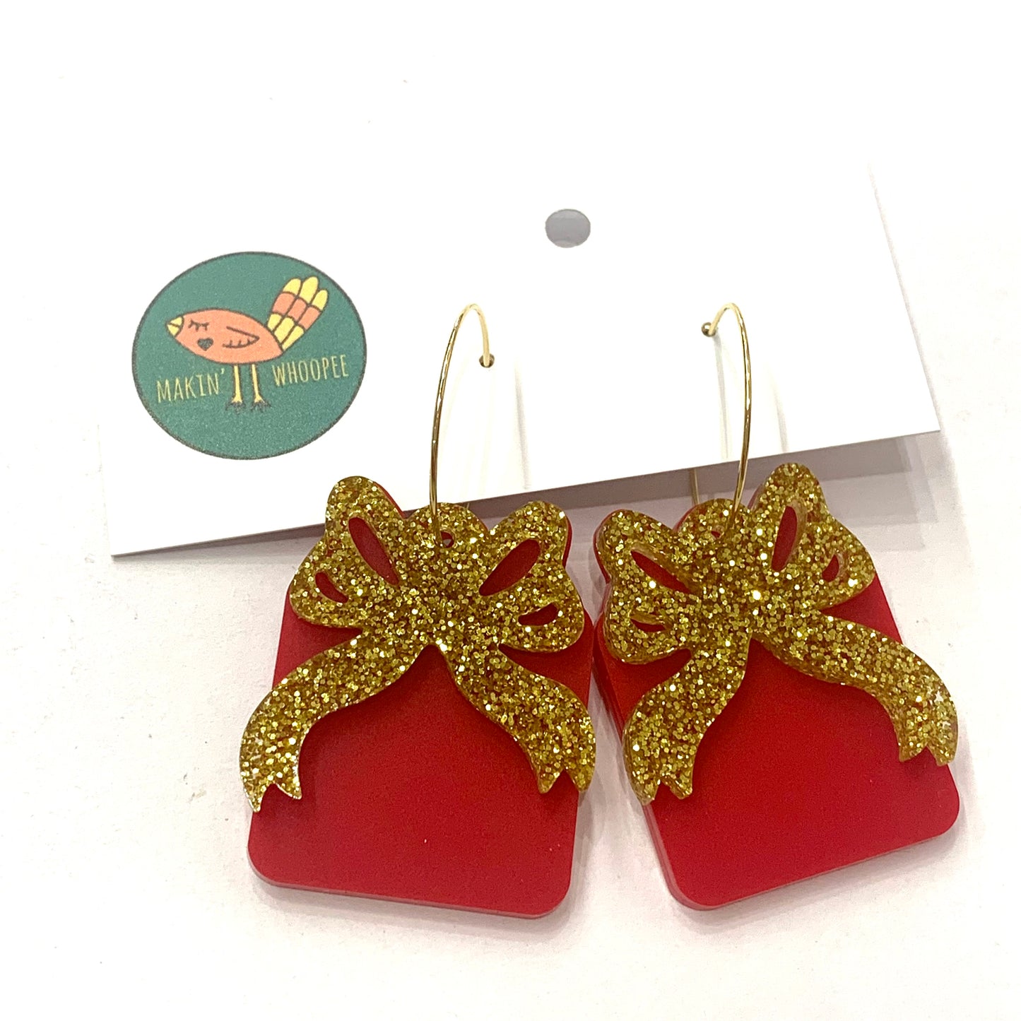 MAKIN' WHOOPEE - Large “Ribbons & Bows” CHRISTMAS HOOP DANGLES- Red & Gold