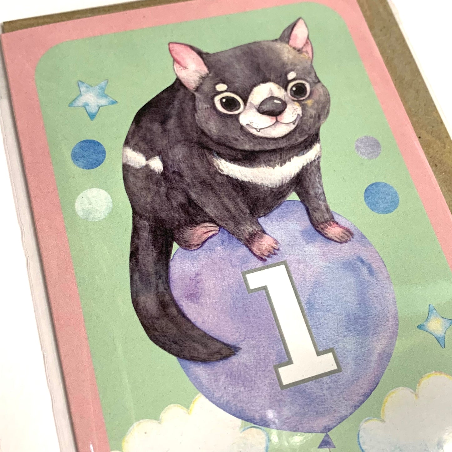 WATERCOLOURS BY CAT- "One- Tassie Devil"- Australian Animal Kids Age Card