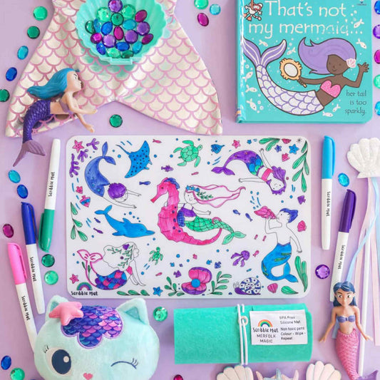 SCRIBBLE MAT- ORIGINAL- Midi Merfolk Magic Reusable Scribble Mat- 5 Pens