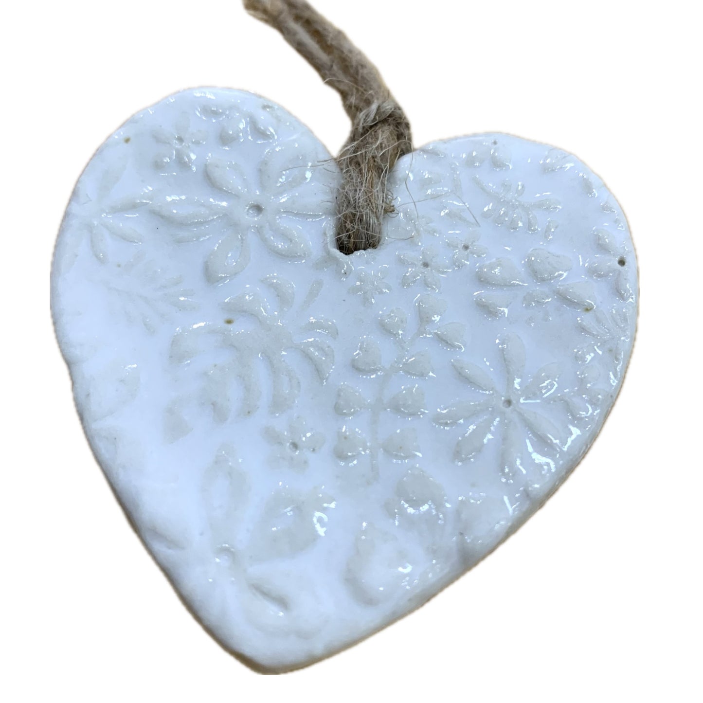 EARTH BY HAND- Clay Heart Decorations- White Embossed & Single Bead