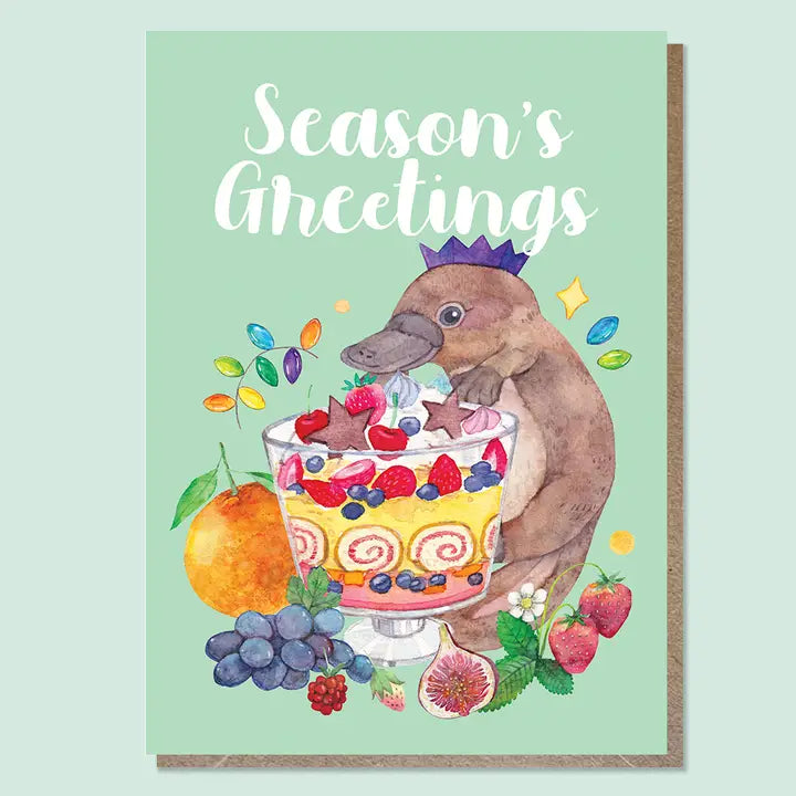 WATERCOLOURS BY CAT- AUSSIE ANIMAL & FOOD CHRISTMAS CARDS- Platypus & Trifle