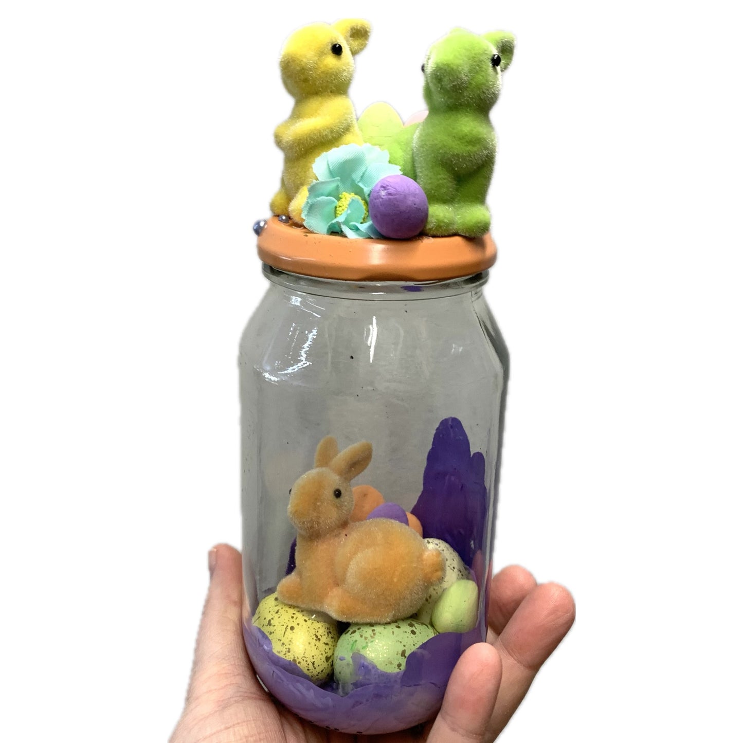 THIS BIRD HAS FLOWN- Bunny Bottle Easter Decoration- Orange Lid & Lavender Paint