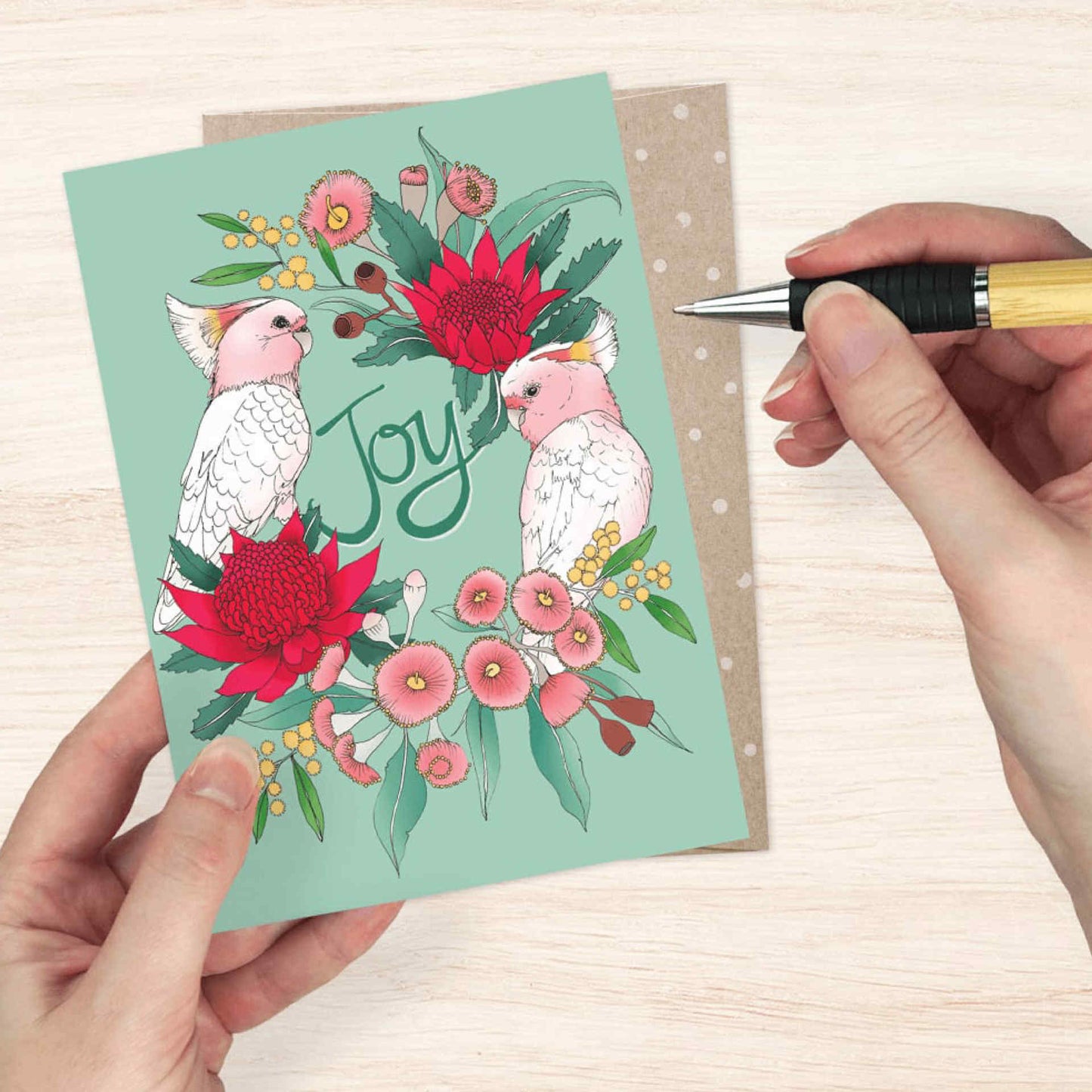 EARTH GREETINGS- Pink Cockatoo Wreath - Christmas Greeting Card - Victoria McGrane