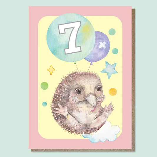 WATERCOLOURS BY CAT- "Seven - Echidna"- Australian Animal Kids Age Card