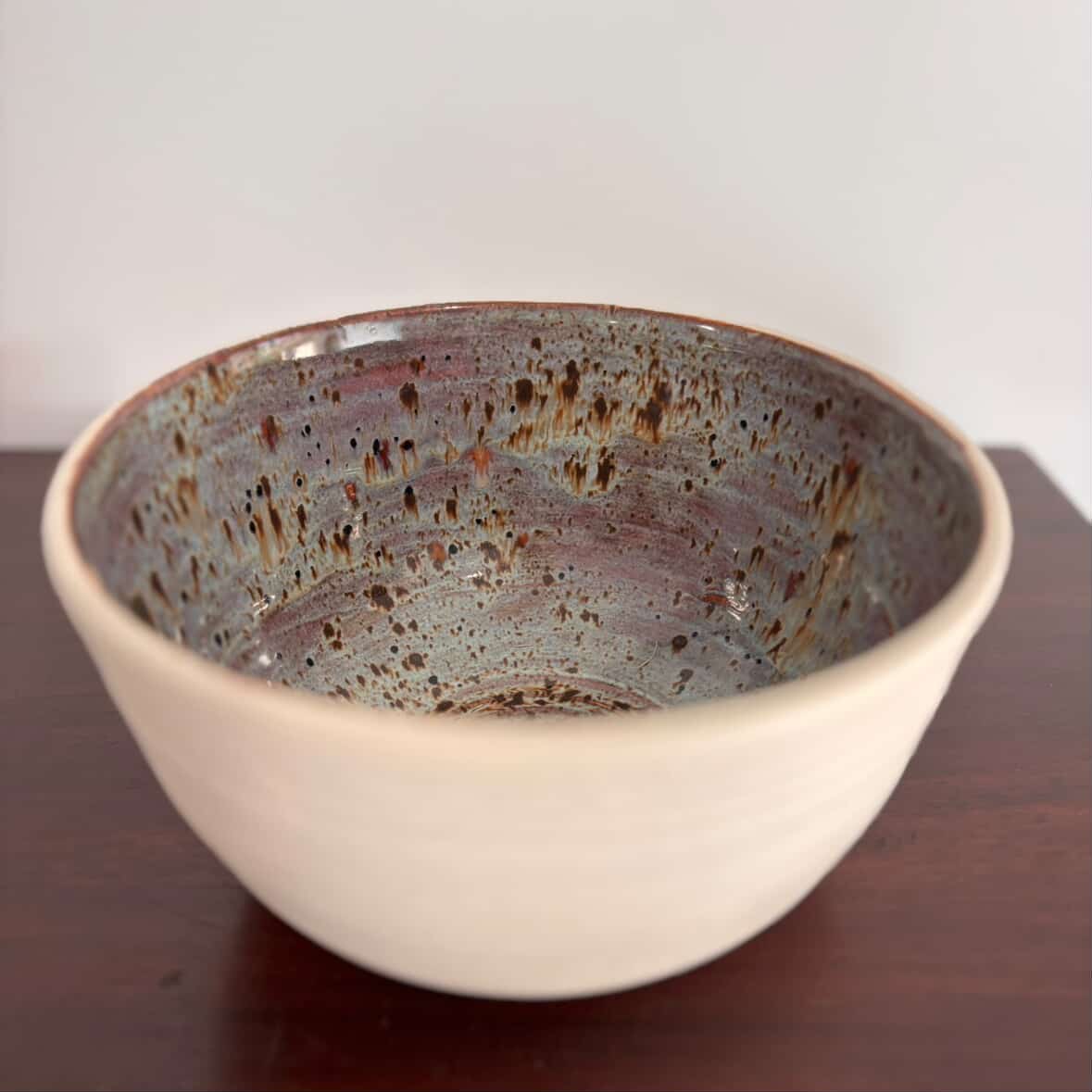 POTTERESS BY ALICIA - Medium Salad/Pasta Bowl - White clay, merlot/blue glaze, brown flecks