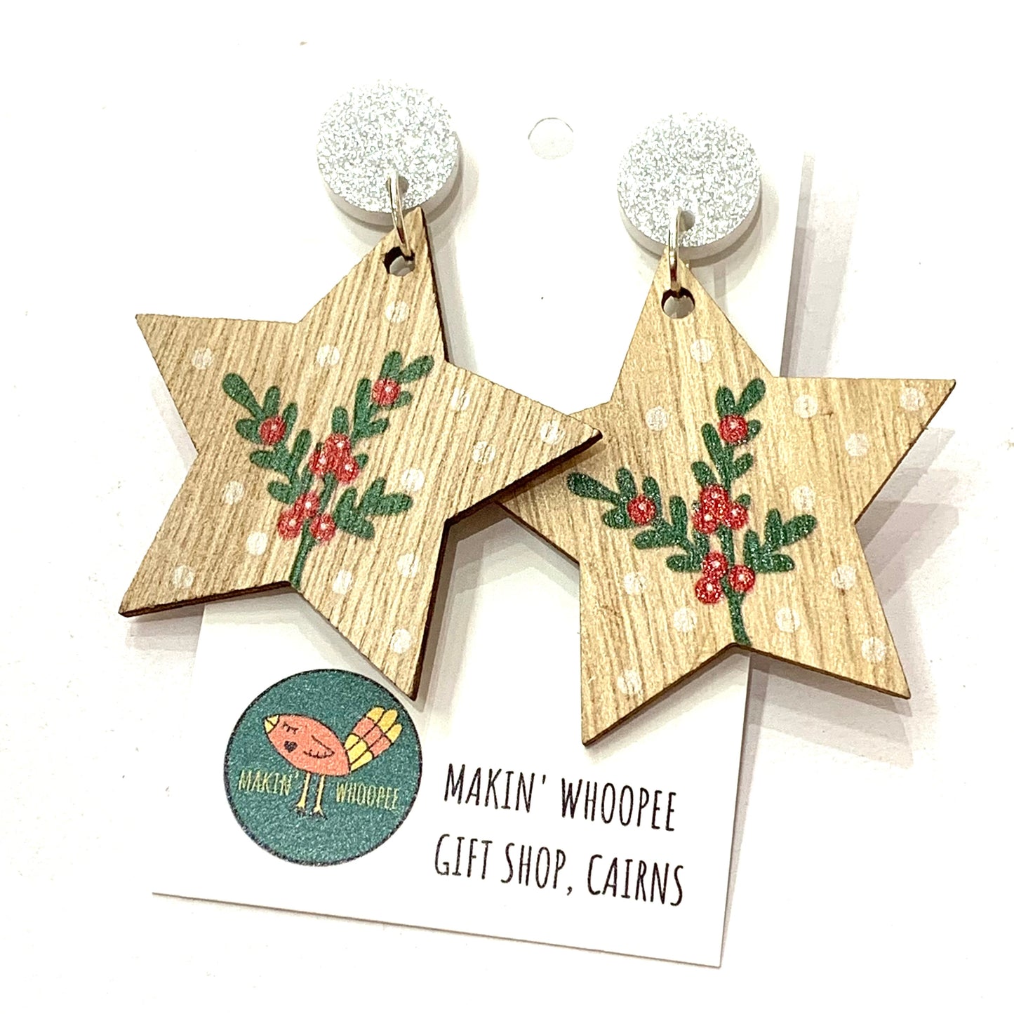 MAKIN' WHOOPEE - “Timber Stars- Silver Top” CHRISTMAS STUD DANGLES
