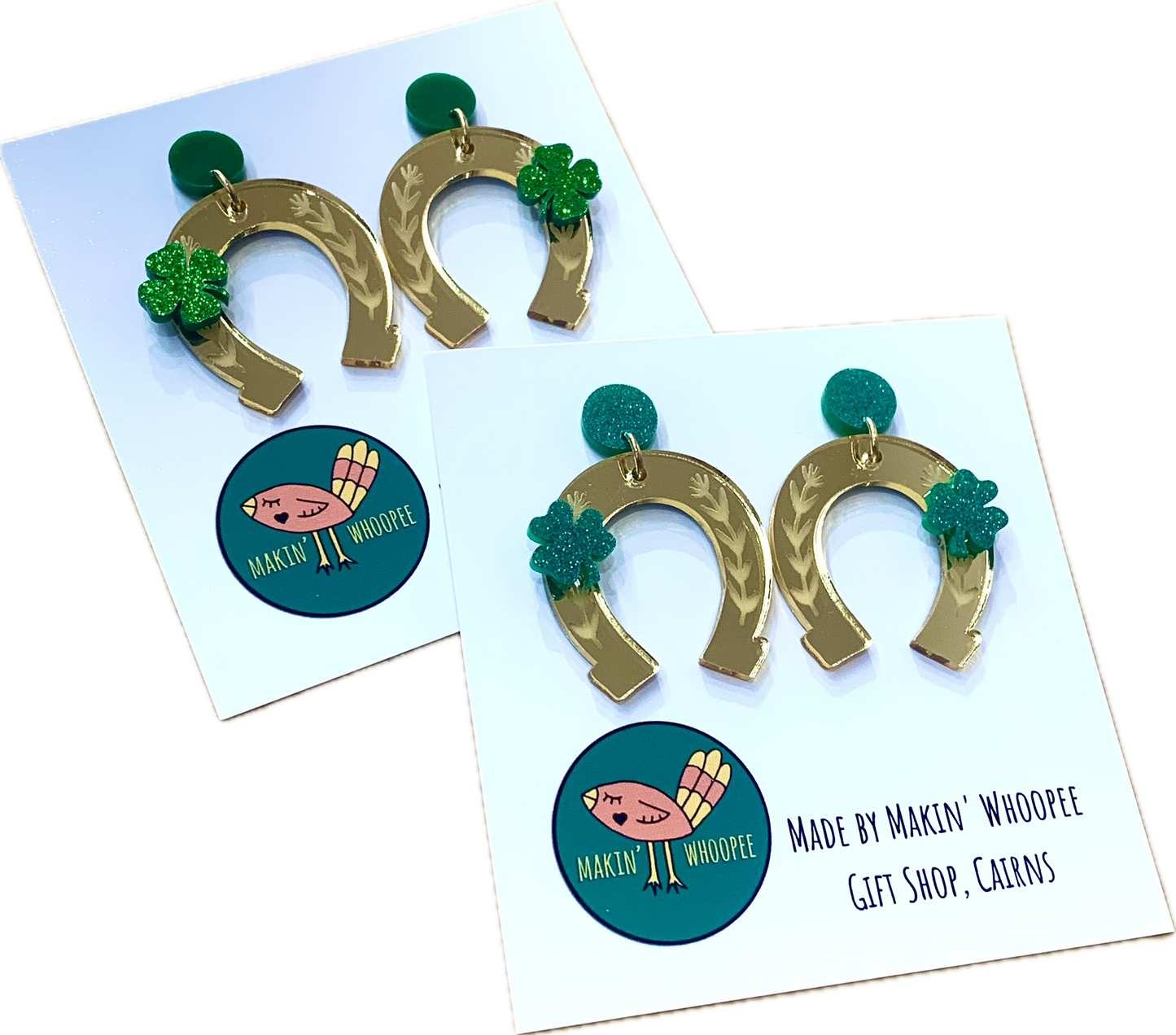 MAKIN' WHOOPEE - Lucky Horseshoe & 4 Leaf Clover Dangle Earrings