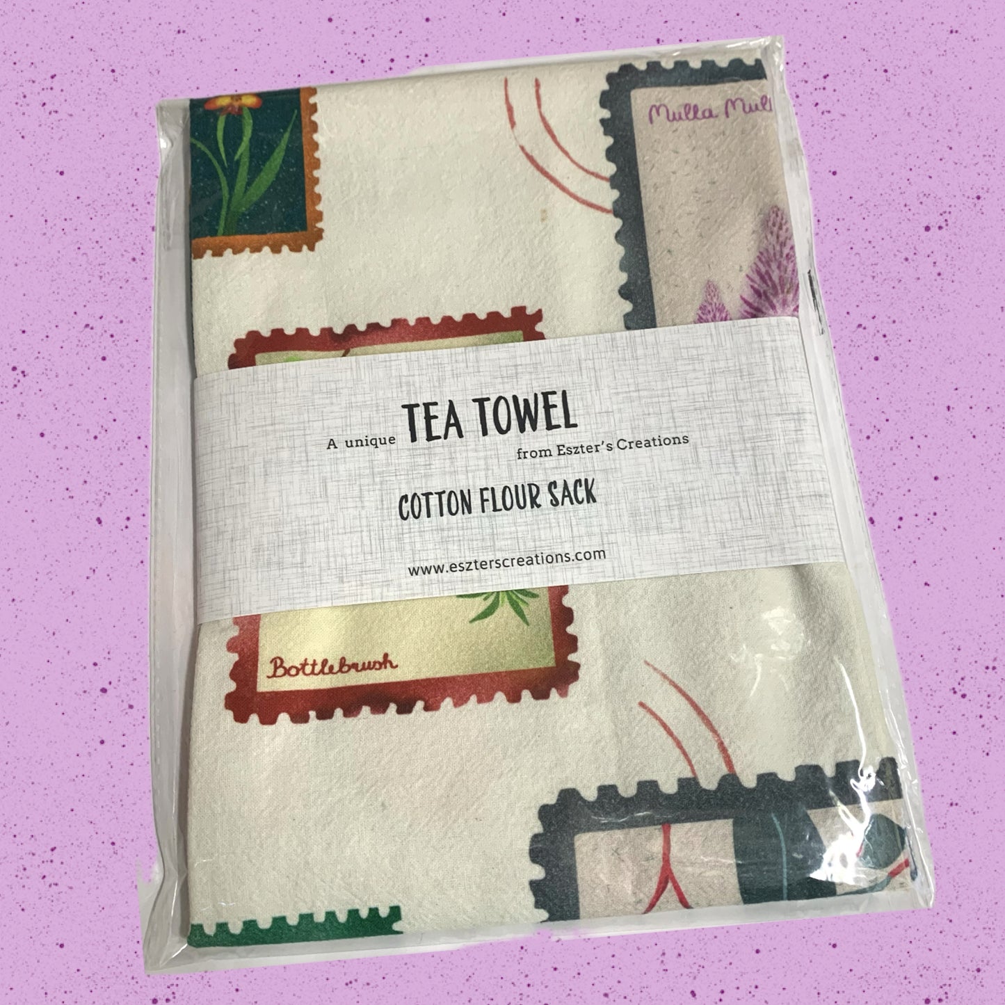 ESZTER'S CREATIONS - "Australian Wildflower Stamp White"- Tea Towel