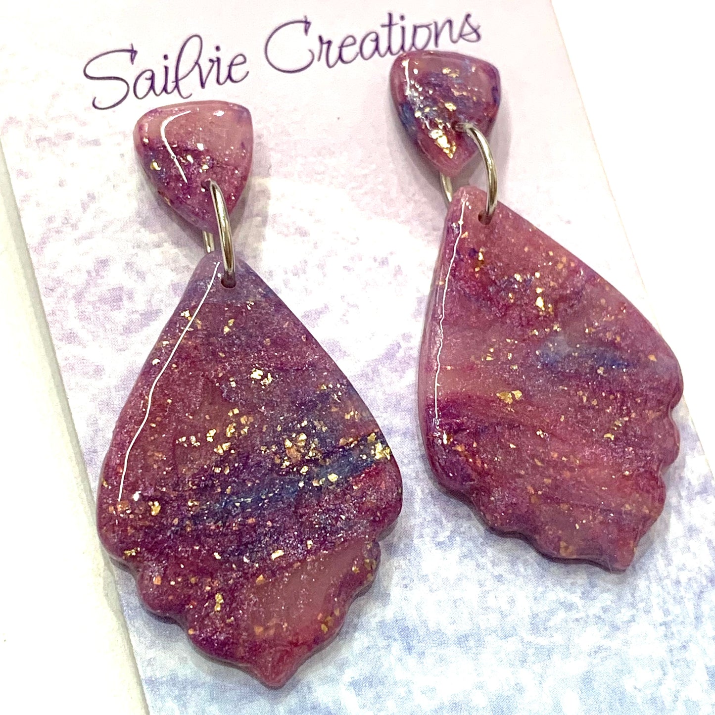 Sailvie Creations - Short Scalloped Purple Swirl Stud Dangle Earrings