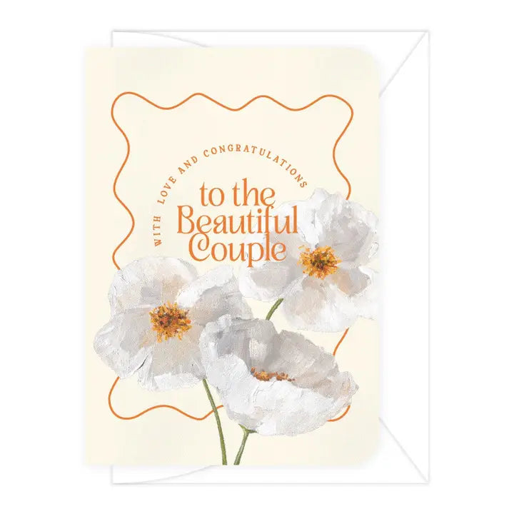 Greeting card with white flowers and text 'Congratulations to the Beautiful Couple' on a light background