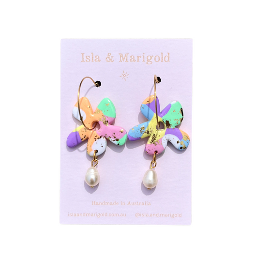 Isla & Marigold- Polymer Clay Earrings- Rainbow Flower Pearl Hoop