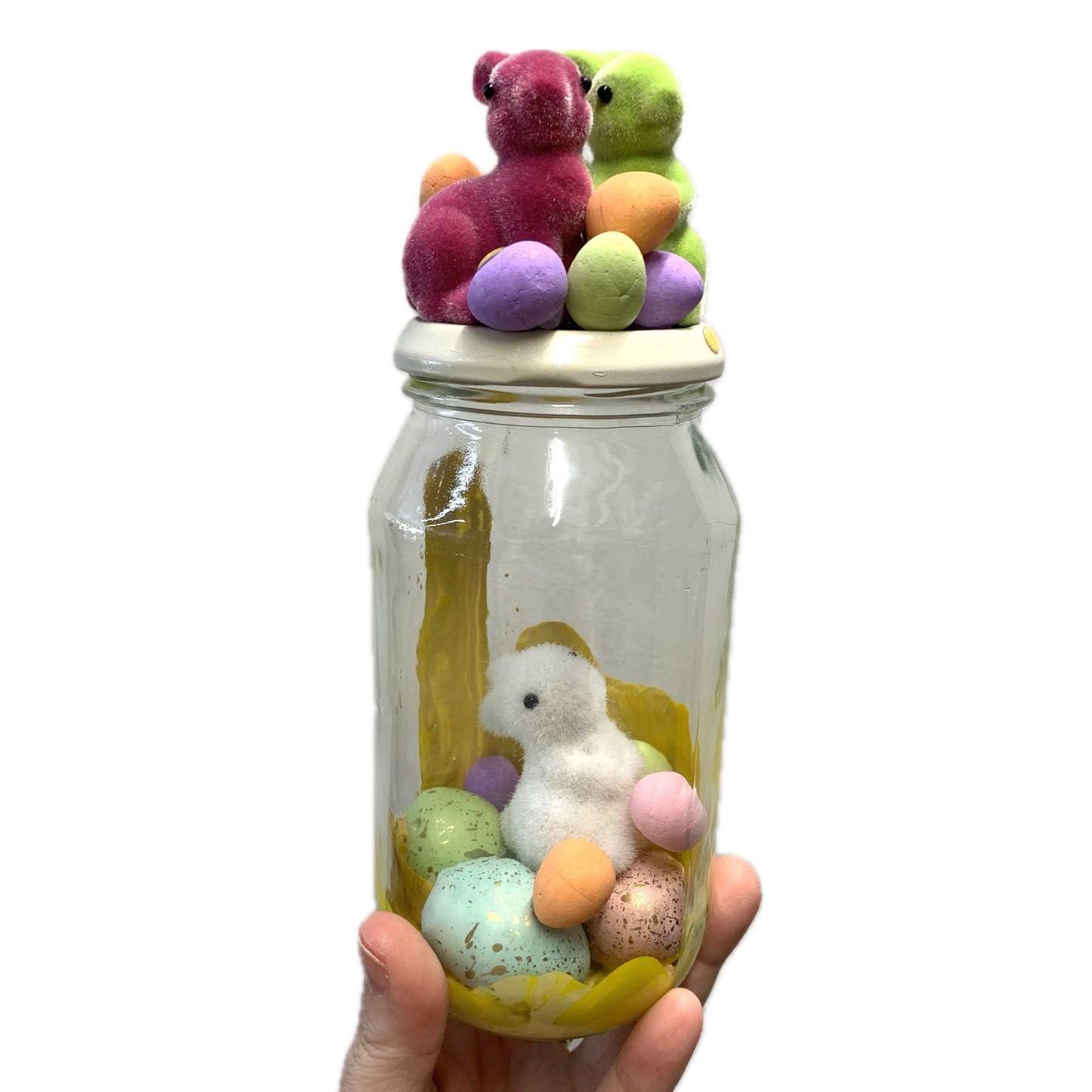 THIS BIRD HAS FLOWN- Bunny Bottle Easter Decoration- white Lid & Yellow Paint