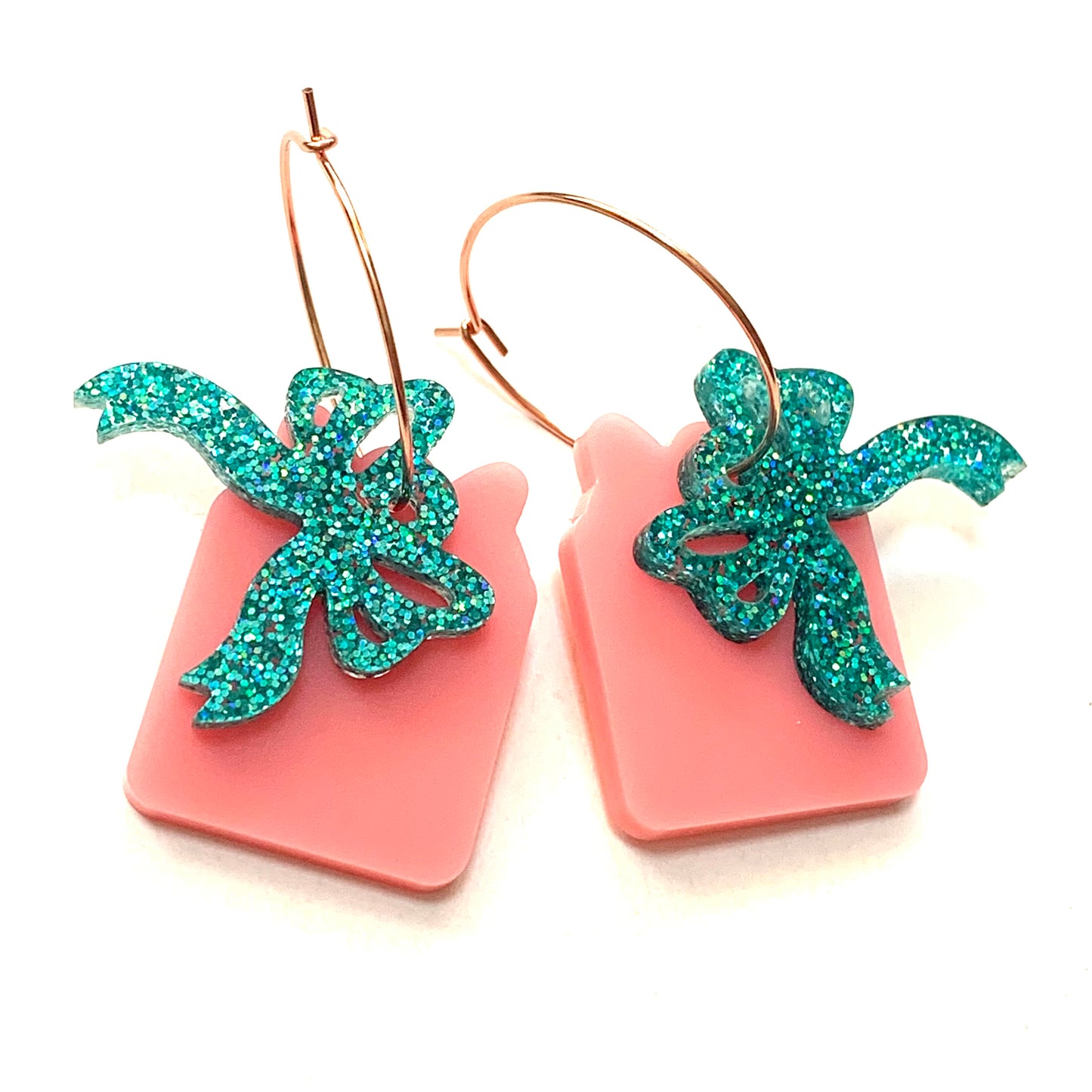 MAKIN' WHOOPEE - Small “Ribbons & Bows” CHRISTMAS HOOP DANGLES- Pink & Aqua