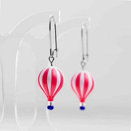 CLAIRE ISHINO- 3D Printed Resin Hot Air Balloon Earrings - Red & White Stripes with Glass Bead Basket