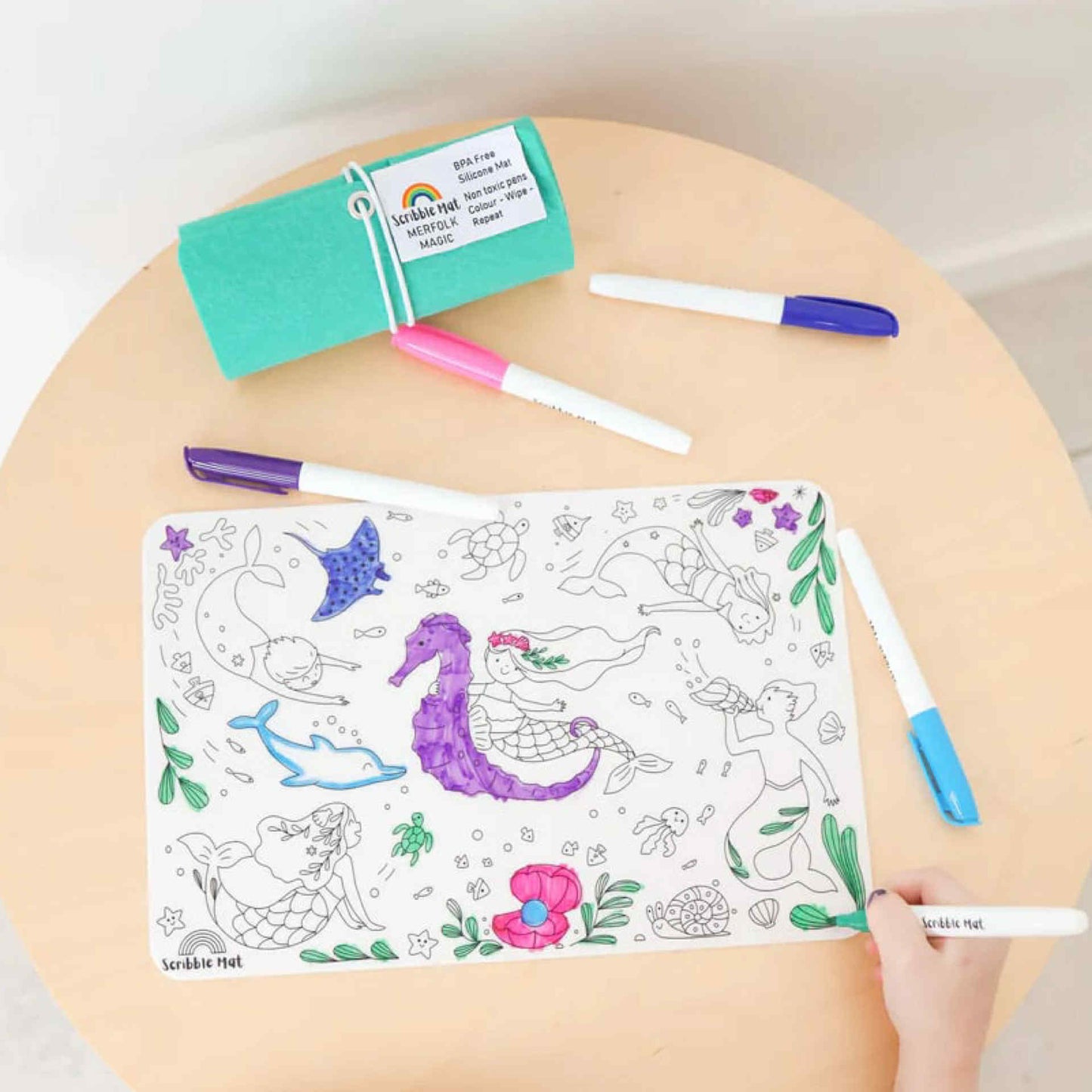 SCRIBBLE MAT- ORIGINAL- Midi Merfolk Magic Reusable Scribble Mat- 5 Pens