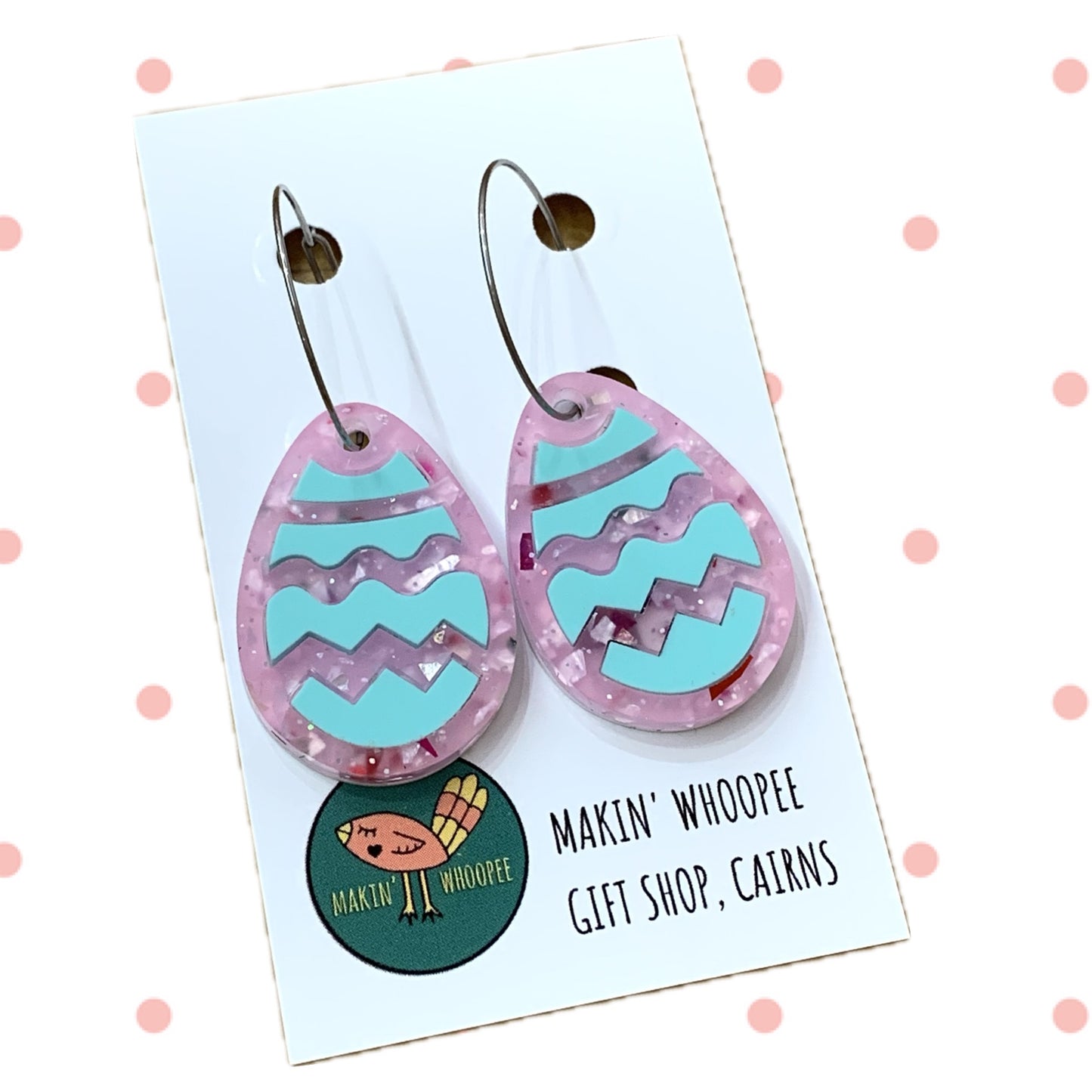MAKIN' WHOOPEE - "Stacked Easter Egg" HOOP DANGLE EARRINGS - Pink & Mint