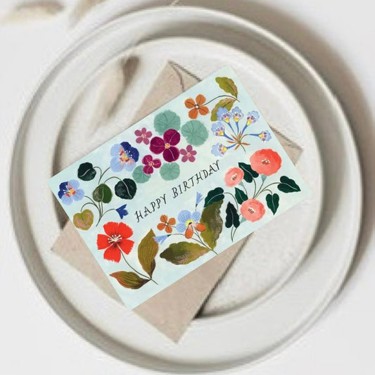 FLORA WAYCOTT - "Happy Birthday Pale Blue Floral" Greeting Card
