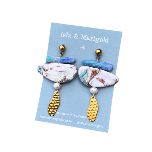 Isla & Marigold- Polymer Clay Earrings- White Blue Shard Opal