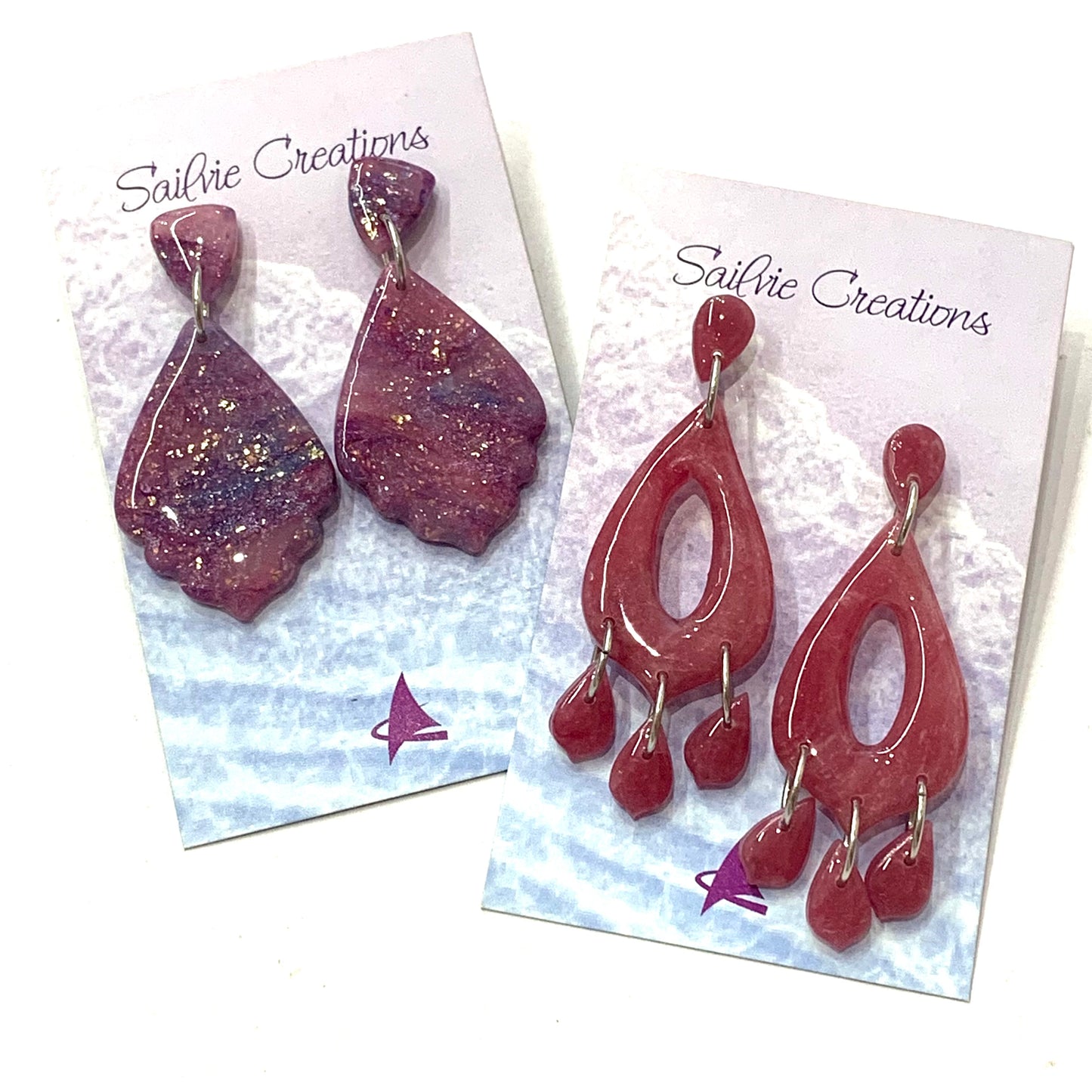 Sailvie Creations - Short Scalloped Purple Swirl Stud Dangle Earrings