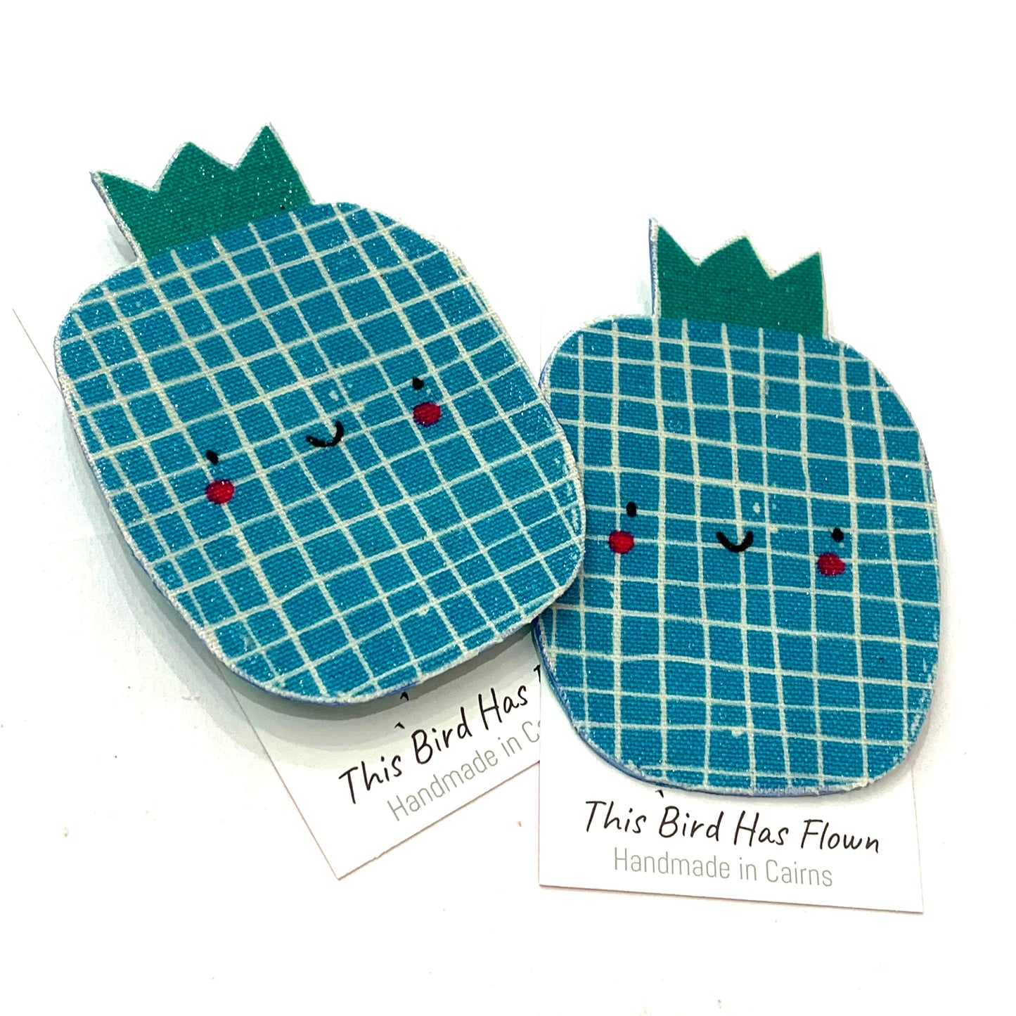 THIS BIRD HAS FLOWN- "Blue Pineapples" Cute Fruits- Fabric Remnant Brooches