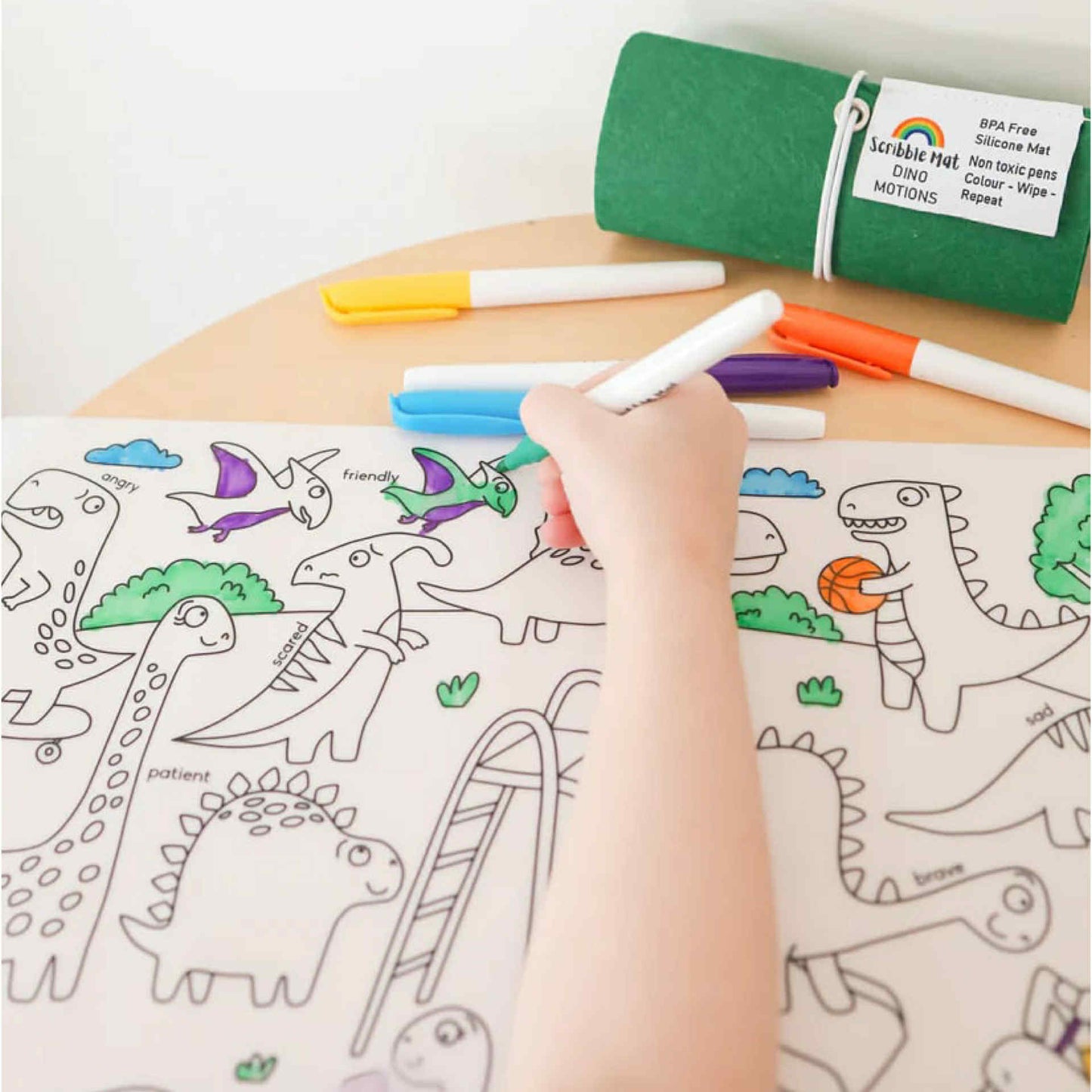SCRIBBLE MAT- ORIGINAL- Dino Motions Reusable Scribble Mat- 6 Pens