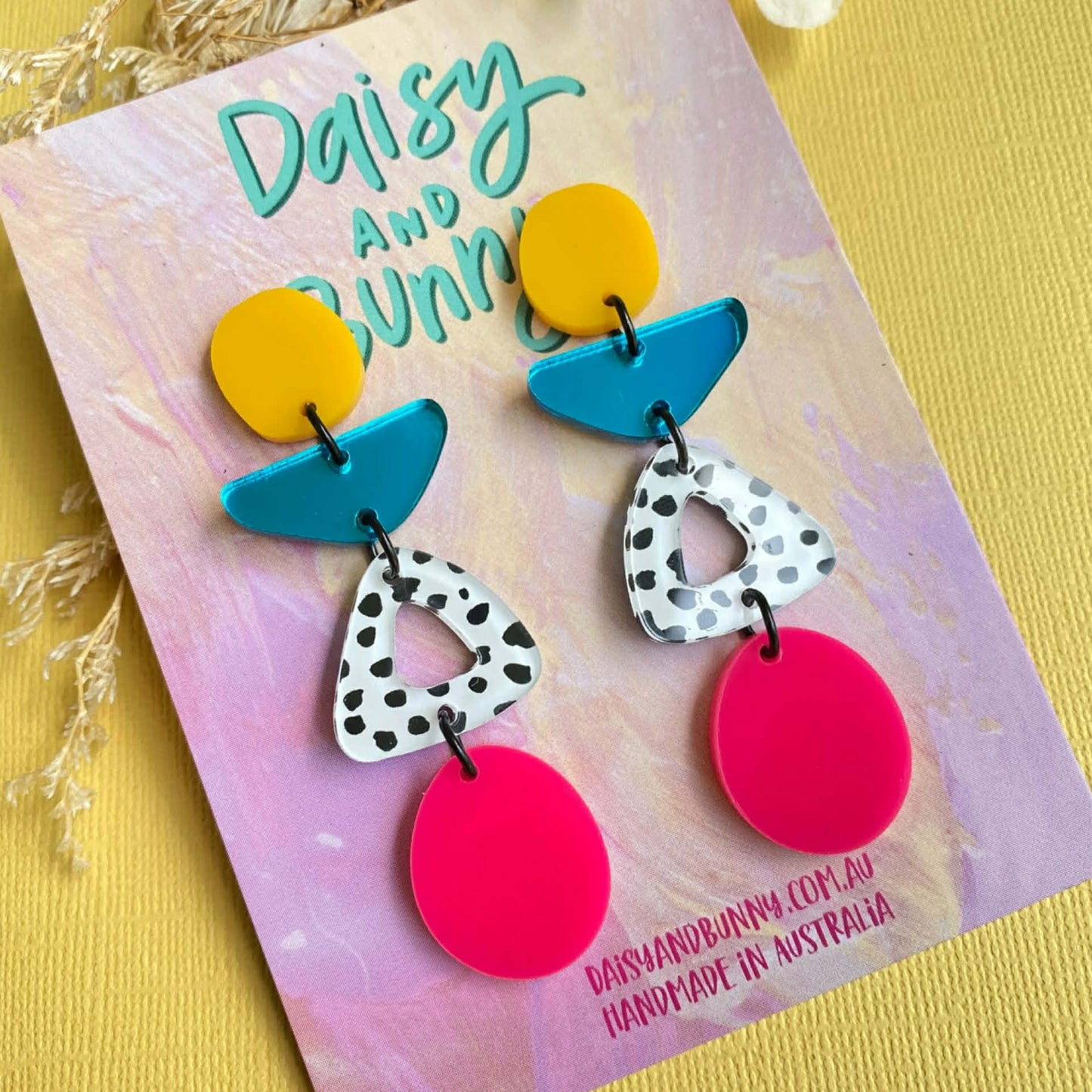 DAISY AND BUNNY - YELLOW, TEAL, DOTTY AND PINK DANGLES
