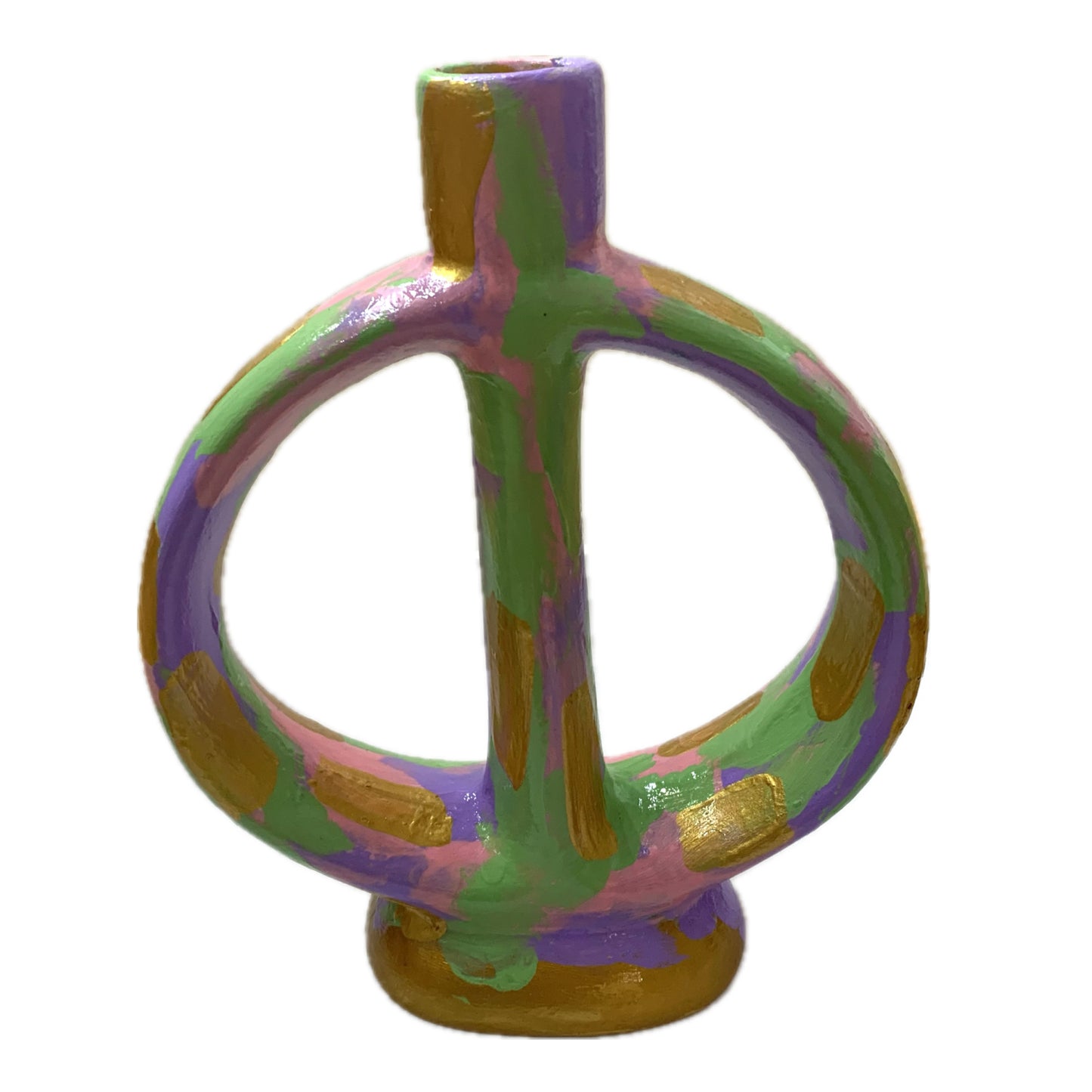 THIS BIRD HAS FLOWN - Intersected Candle Holder- Pink, Green, Lavender & Gold Abstract- Candle Included