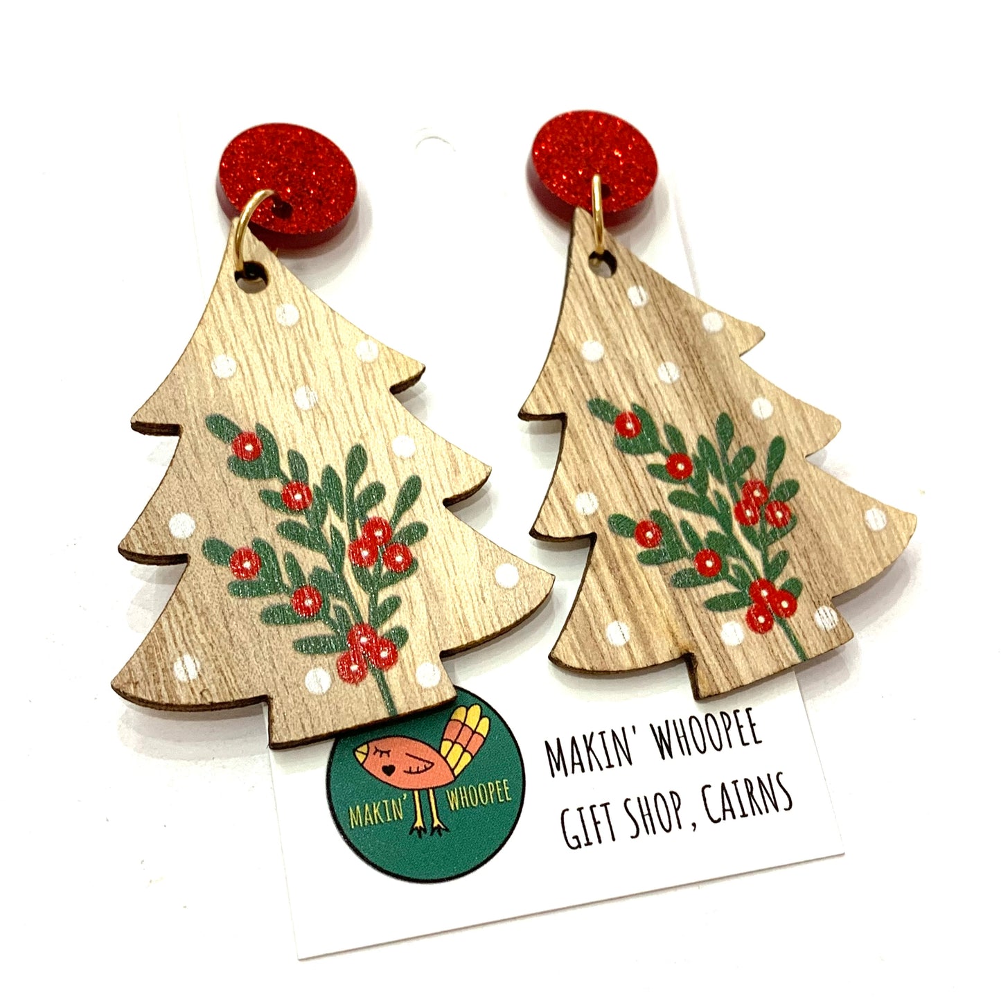 MAKIN' WHOOPEE - “Timber Trees- Red Top” CHRISTMAS STUD DANGLES