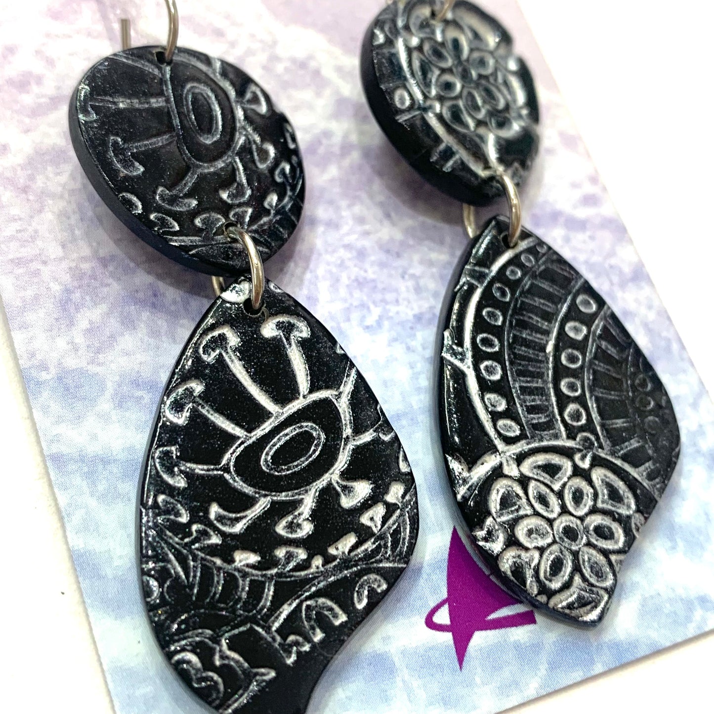 Sailvie Creations - Double Printed Black & Silver Hook Dangle Earrings