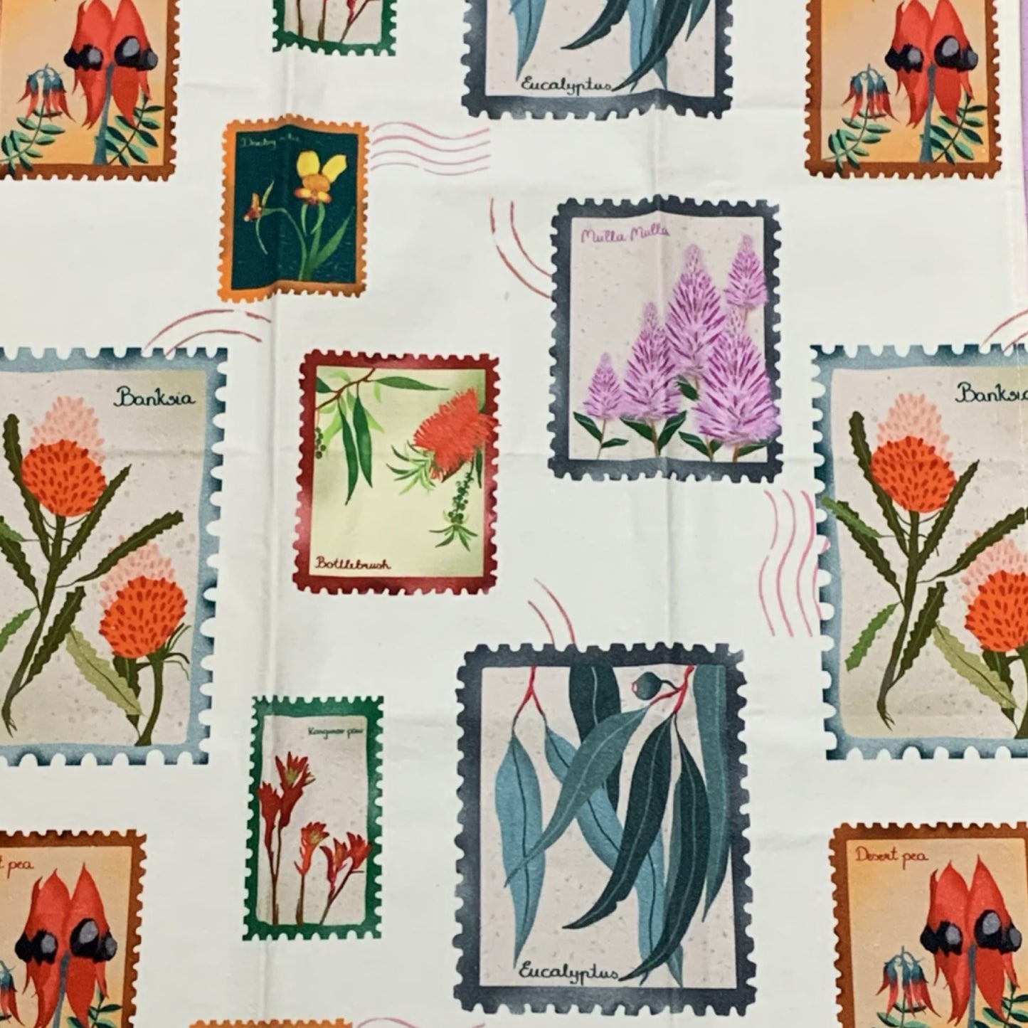 ESZTER'S CREATIONS - "Australian Wildflower Stamp White"- Tea Towel
