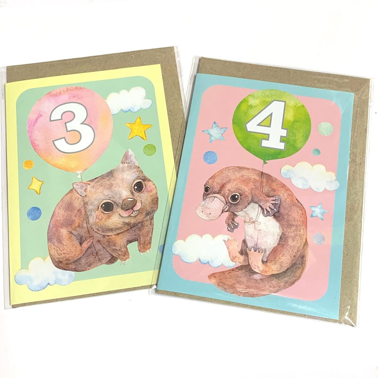 WATERCOLOURS BY CAT- "Three - Wombat"- Australian Animal Kids Age Card