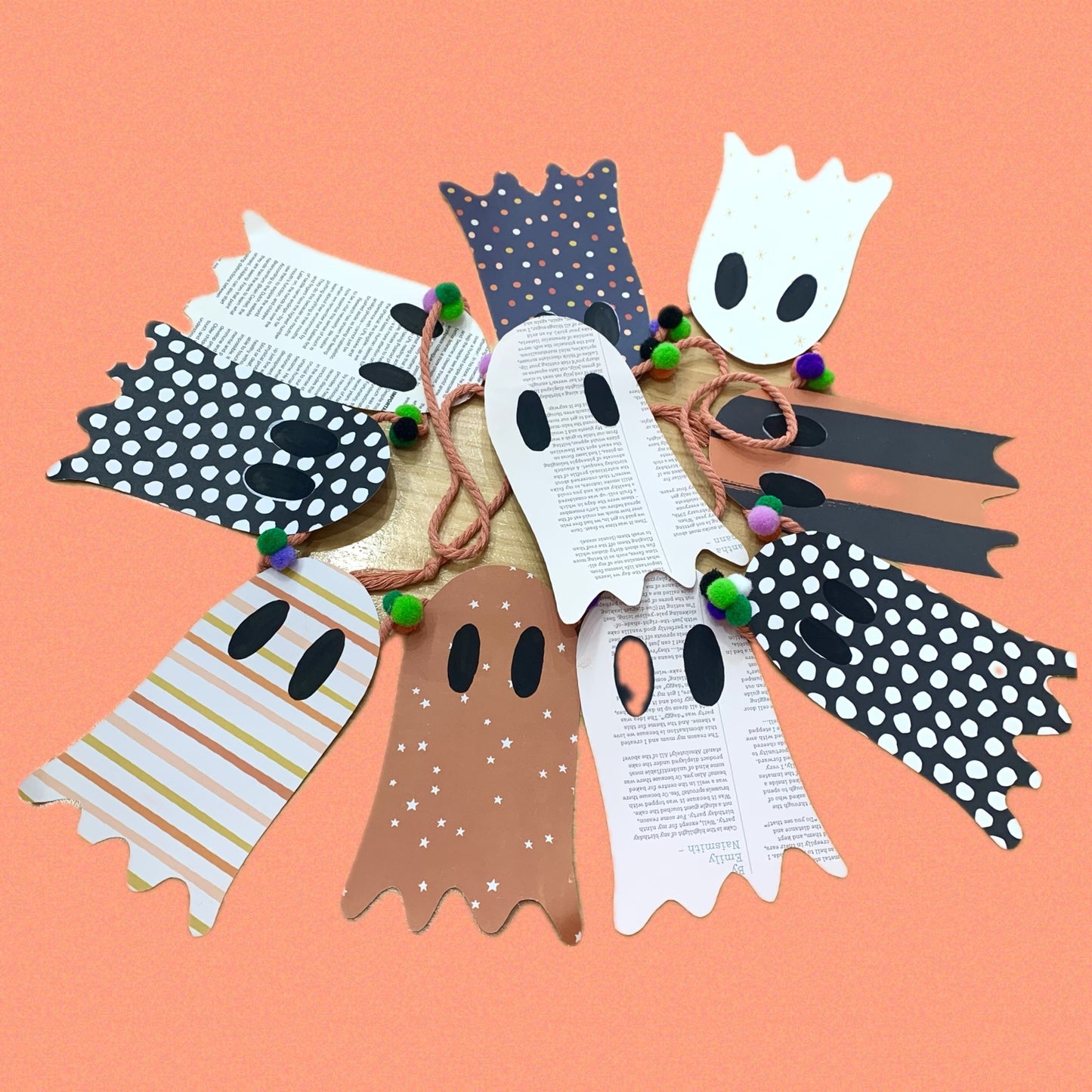 MAKIN' WHOOPEE - LARGE HALLOWEEN BUNTING- Recycled Paper 4 coloured Pom Poms