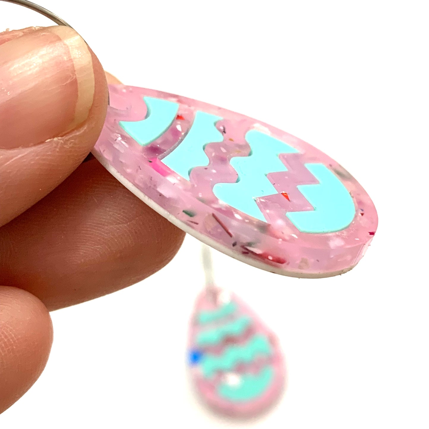 MAKIN' WHOOPEE - "Stacked Easter Egg" HOOP DANGLE EARRINGS - Pink & Mint