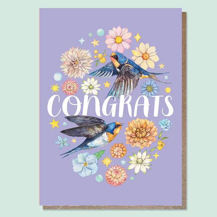 WATERCOLOURS BY CAT- Congratulations Greeting Card - Swallow Birds
