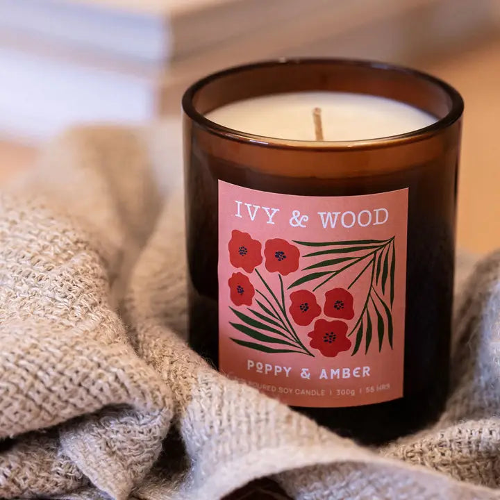 IVY & WOOD - Poppy & Amber Scented Candle- Flora Collection
