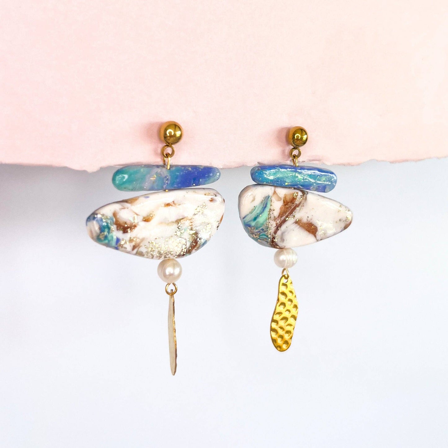 Isla & Marigold- Polymer Clay Earrings- White Blue Shard Opal
