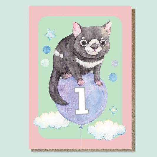 WATERCOLOURS BY CAT- "One- Tassie Devil"- Australian Animal Kids Age Card