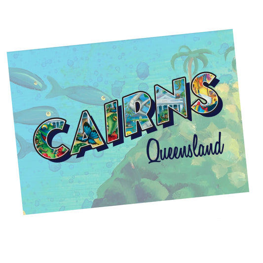 A colorful postcard featuring an artistic rendering of the word 'CAIRNS' with a fish motif and the name of Queensland, by artist Hayley Gillespie.