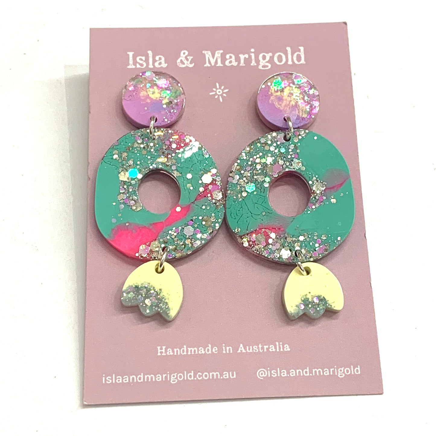 Isla & Marigold- Teal Glitter Resin Organic Donut Dangle  Stud Earrings