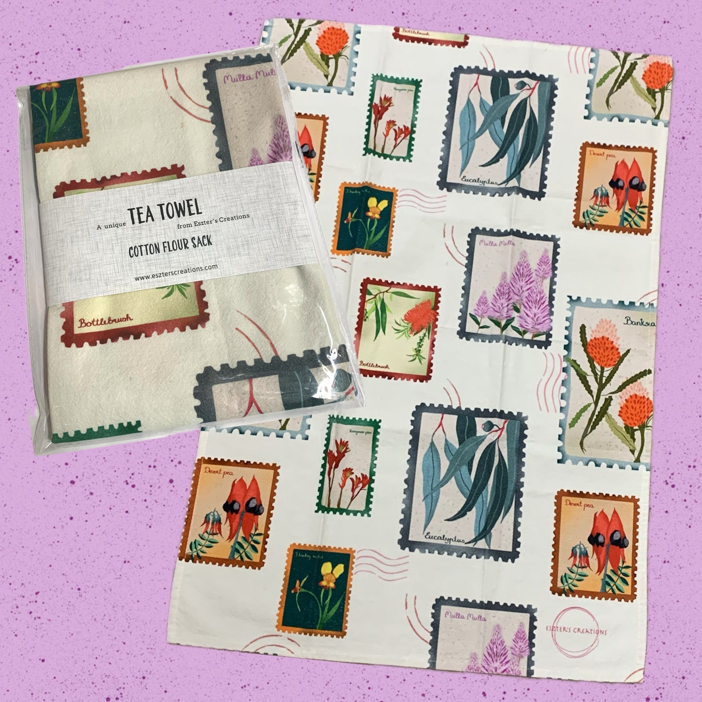 ESZTER'S CREATIONS - "Australian Wildflower Stamp White"- Tea Towel