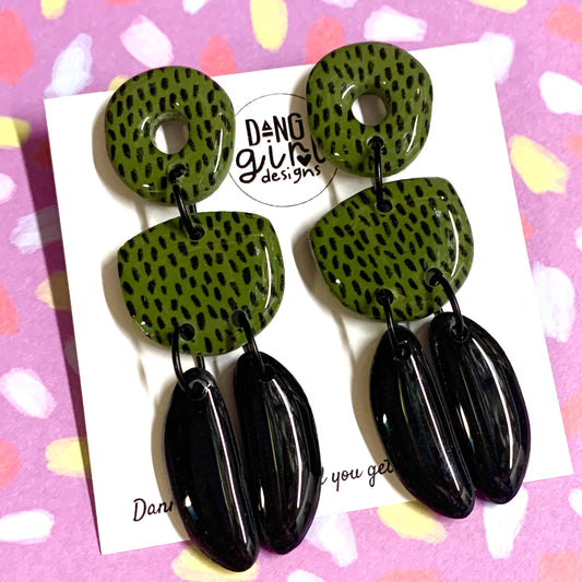 Dang Girl Designs - Khaki & Black Triple Decker Stud Dangles